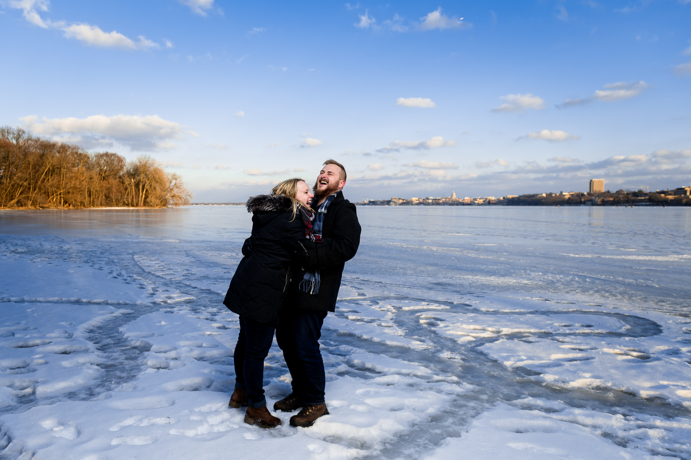 Madison Wisconsin Picnic Point Engagement on Frozen Lake Mendota
